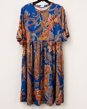 SPLA Women’s L Blue Paisley Boho Midi Dress Flutter Sleeve Empire Waist Pockets